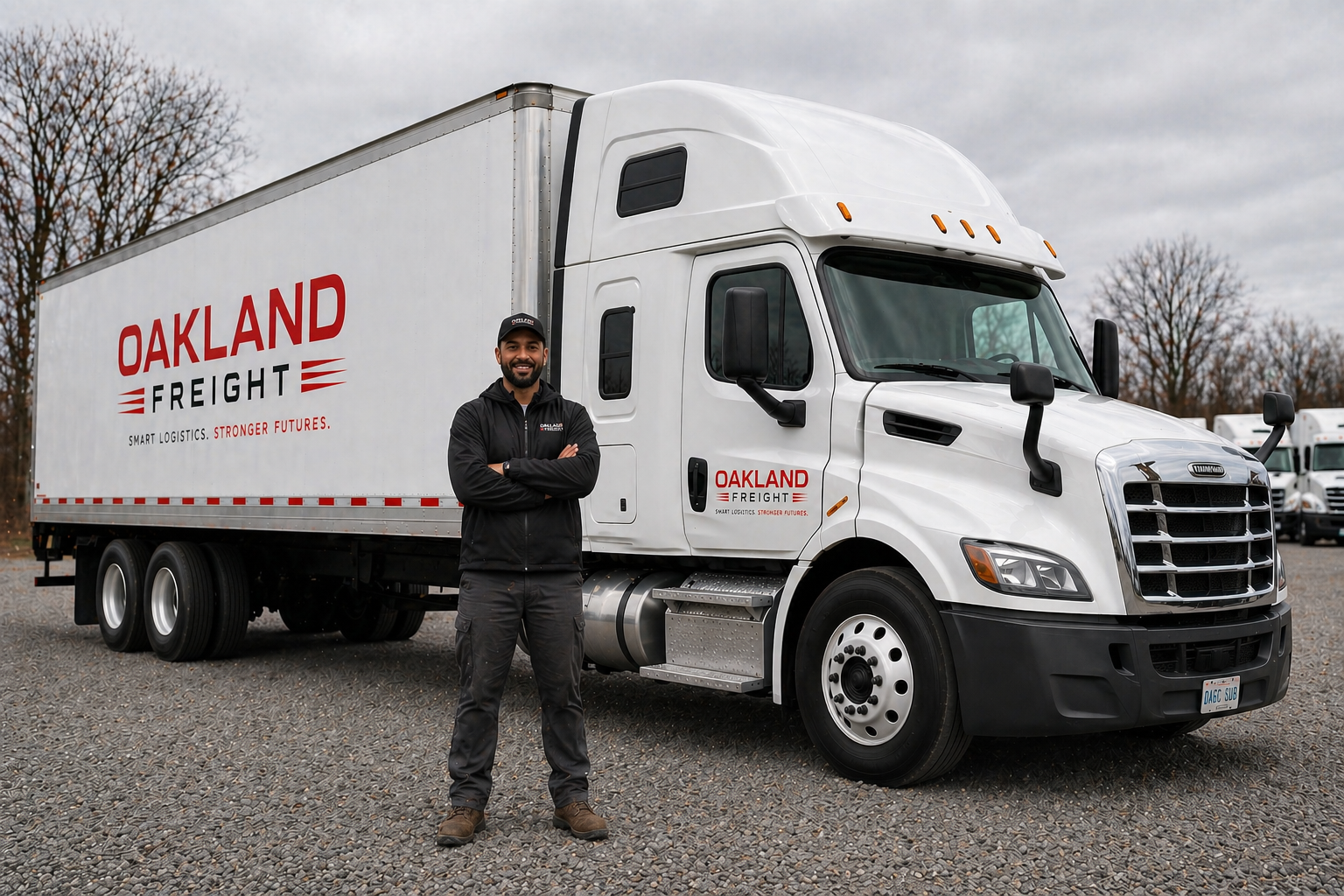 Oakland Freight truck driver standing in front of a branded truck