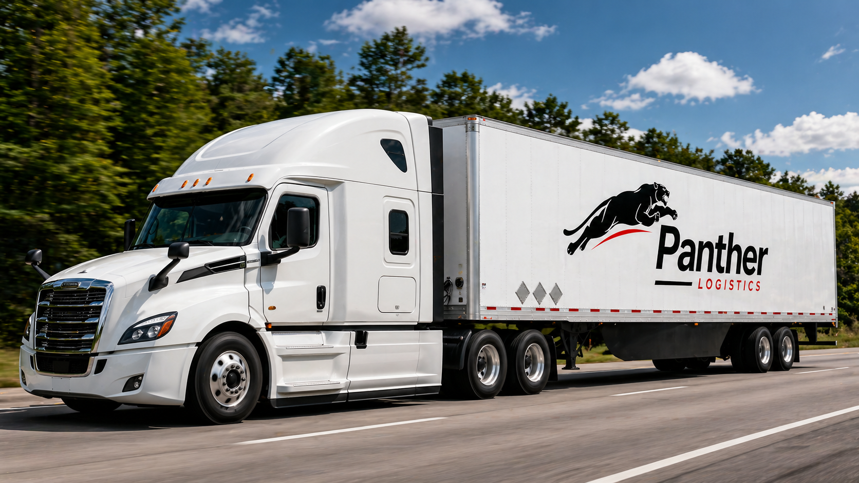 White tractor trailer traveling on a highway