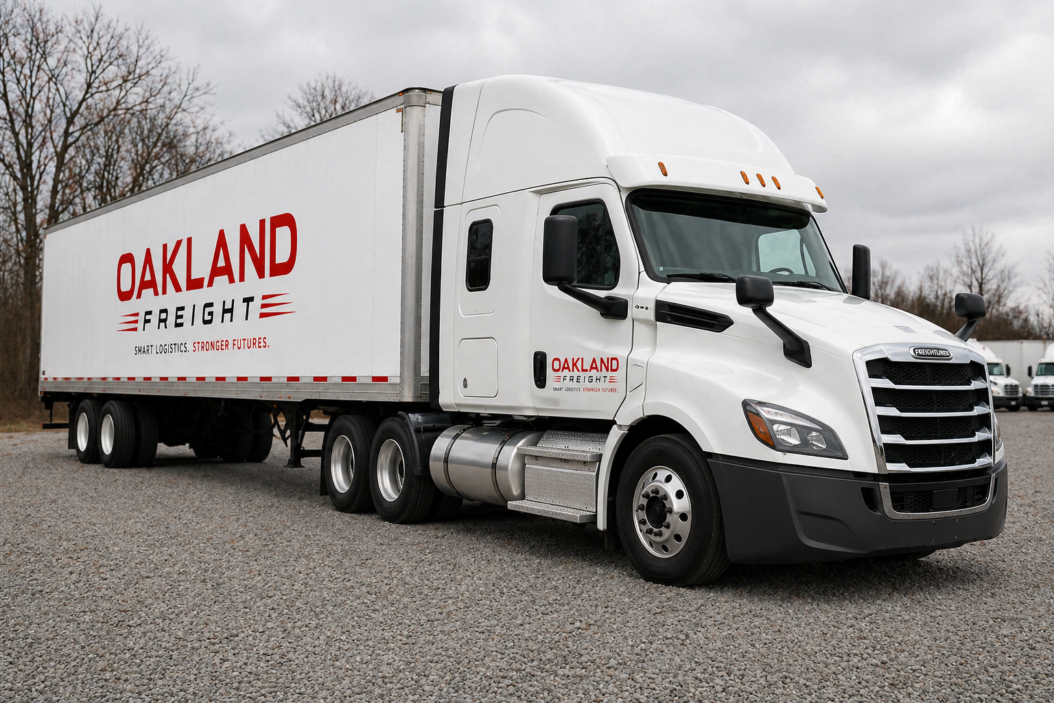 Oakland Freight branded tractor trailer parked in a yard