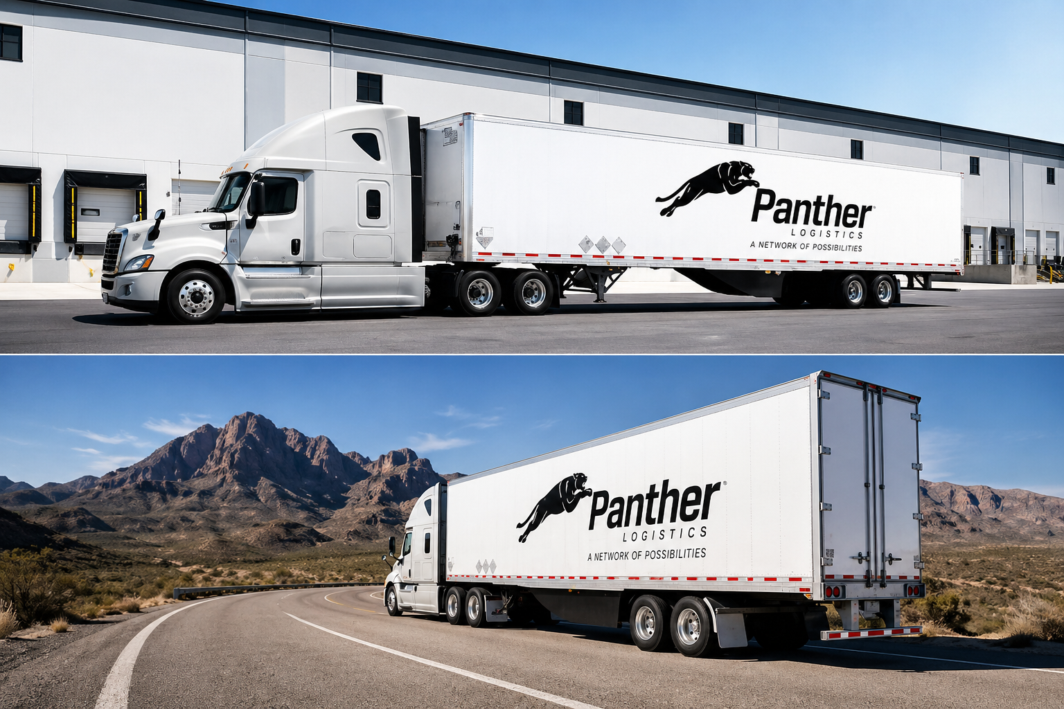Two freight trucks shown in logistics and road settings